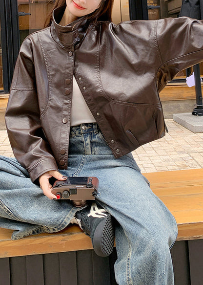 Handgefertigte, braune, übergroße Kunstledermäntel mit Stehkragen für den Frühling