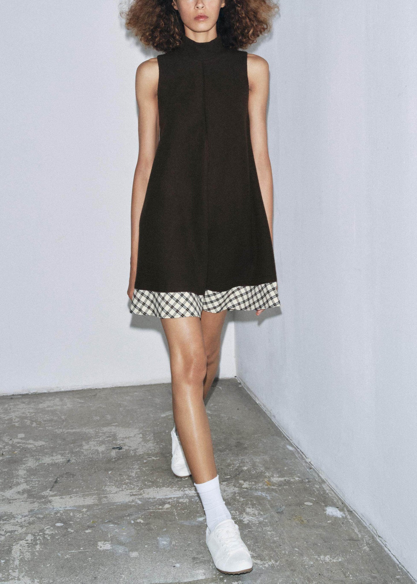 Handmade Brown Stand Collar Patchwork Plaid Cotton Work Dress Summer