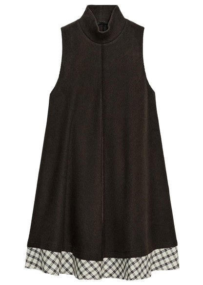 Handmade Brown Stand Collar Patchwork Plaid Cotton Work Dress Summer
