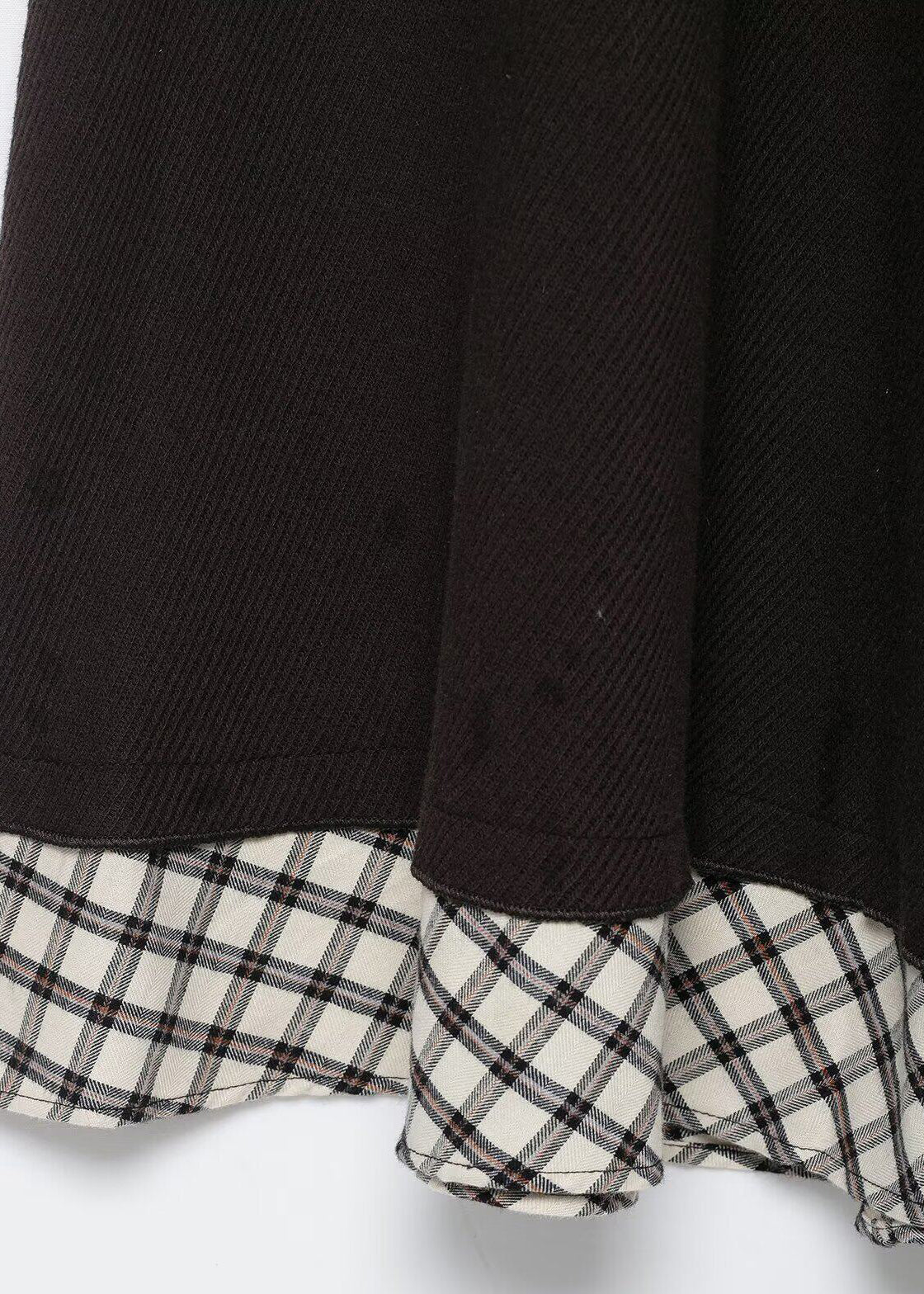 Handmade Brown Stand Collar Patchwork Plaid Cotton Work Dress Summer