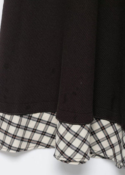 Handmade Brown Stand Collar Patchwork Plaid Cotton Work Dress Summer