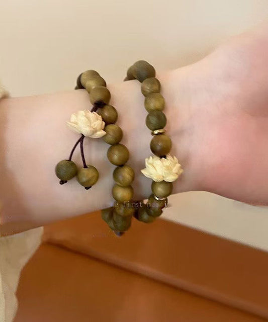 Handmade Brown Weaving Sandalwood Lotus Beading Two-Piece Set Charm Bracelet