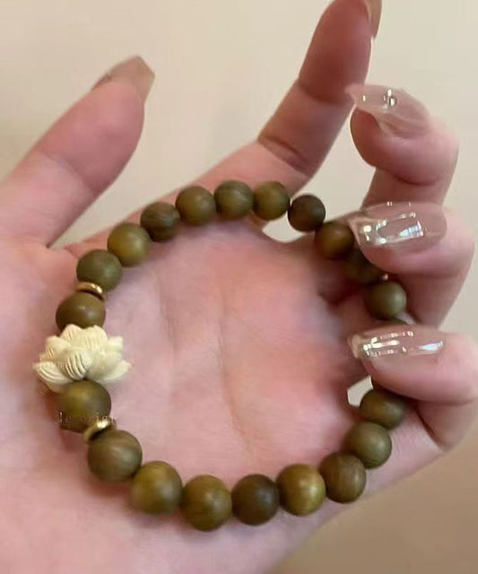 Handmade Brown Weaving Sandalwood Lotus Beading Two-Piece Set Charm Bracelet