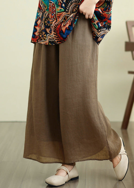 Handmade Camel Patchwork Double Layer Silk Linen Crop Wide Leg Pants