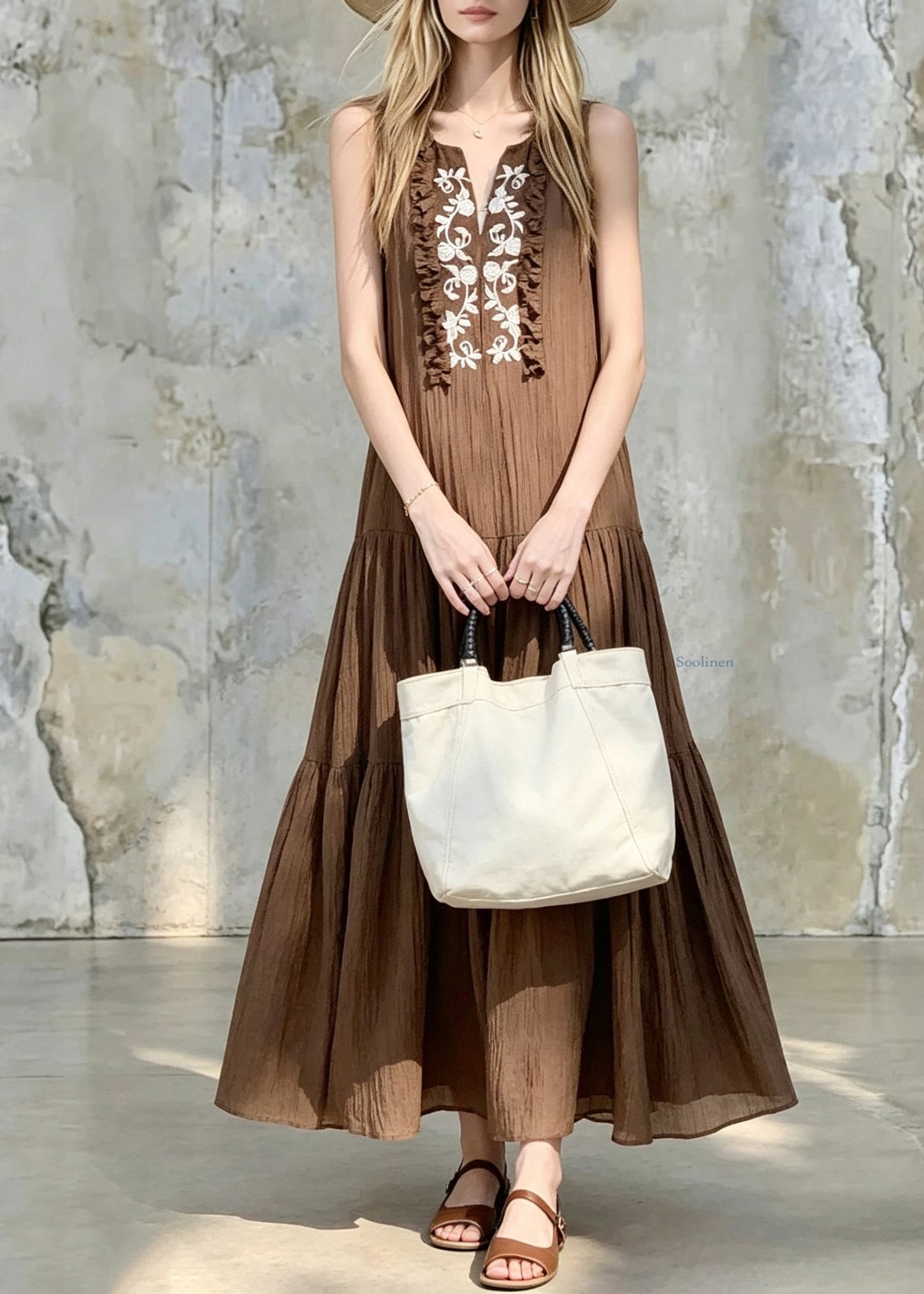 Handmade Caramel Ruffled Print Vacation Long Dresses Sleeveless