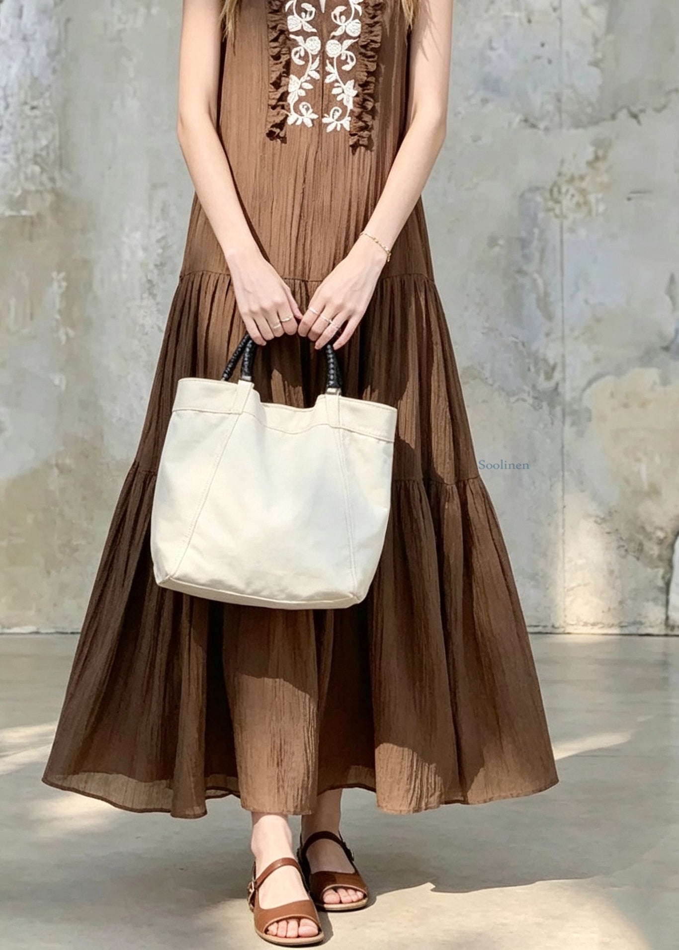 Handmade Caramel Ruffled Print Vacation Long Dresses Sleeveless