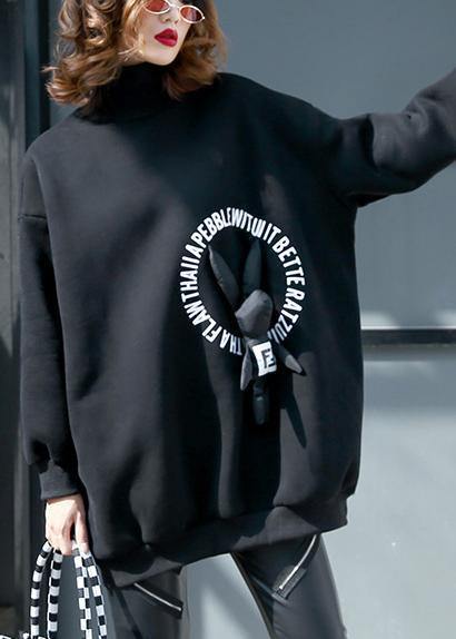 Handmade Cartoon animal decorated cotton high neck Tunic pattern black prints blouse - SooLinen