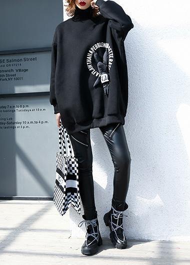 Handmade Cartoon animal decorated cotton high neck Tunic pattern black prints blouse - SooLinen