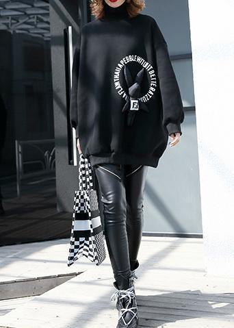 Handmade Cartoon animal decorated cotton high neck Tunic pattern black prints blouse - SooLinen