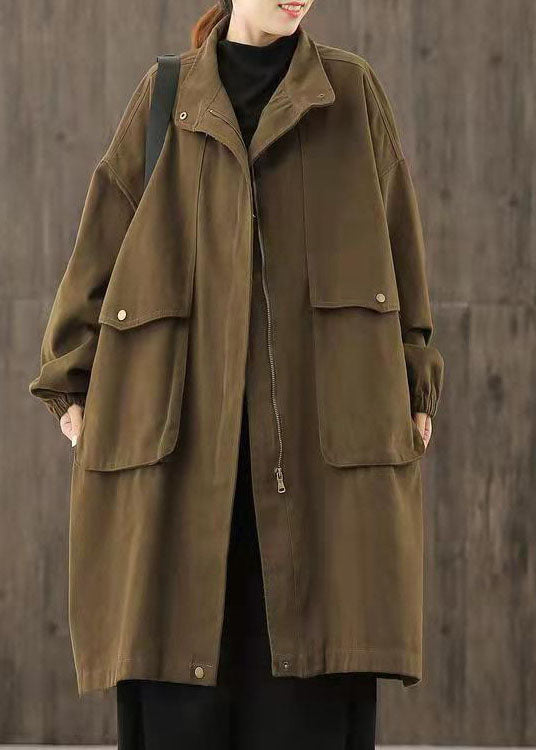 Handgemachte Schokoladenbraune Casual Reißverschlusstaschen Patchwork Herbst Trenchcoats
