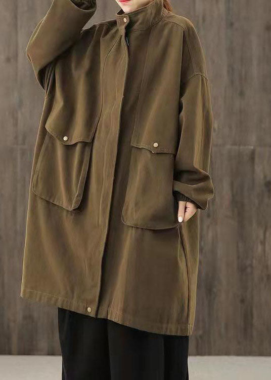Handgemachte Schokoladenbraune Casual Reißverschlusstaschen Patchwork Herbst Trenchcoats
