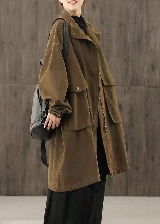 Handgemachte Schokoladenbraune Casual Reißverschlusstaschen Patchwork Herbst Trenchcoats