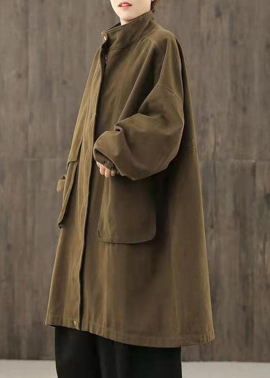 Handgemachte Schokoladenbraune Casual Reißverschlusstaschen Patchwork Herbst Trenchcoats