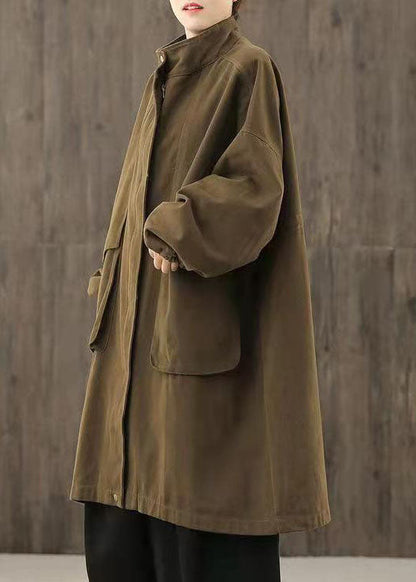 Handgemachte Schokoladenbraune Casual Reißverschlusstaschen Patchwork Herbst Trenchcoats