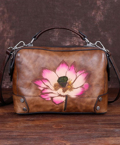 Handgemachte Handtasche aus Kalbsleder mit Schokoladenblumenmuster