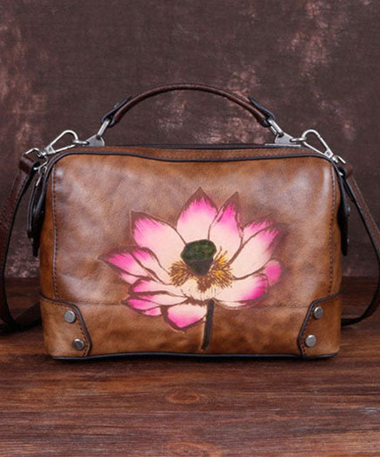 Handgemachte Handtasche aus Kalbsleder mit Schokoladenblumenmuster