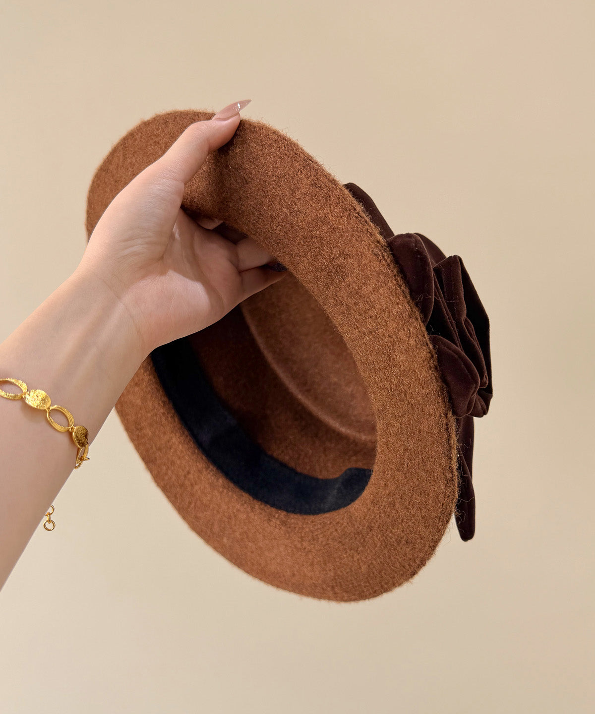 Handmade Coffee Floral Woolen Cloche Hat