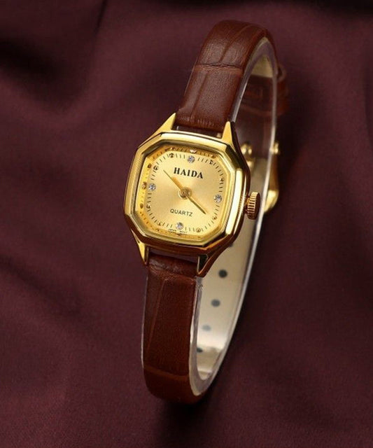 Handmade Coffee Leather Patchwork Zircon Quartz Movement Watches
