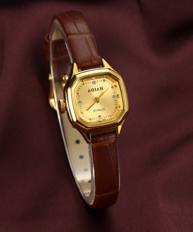 Handmade Coffee Leather Patchwork Zircon Quartz Movement Watches