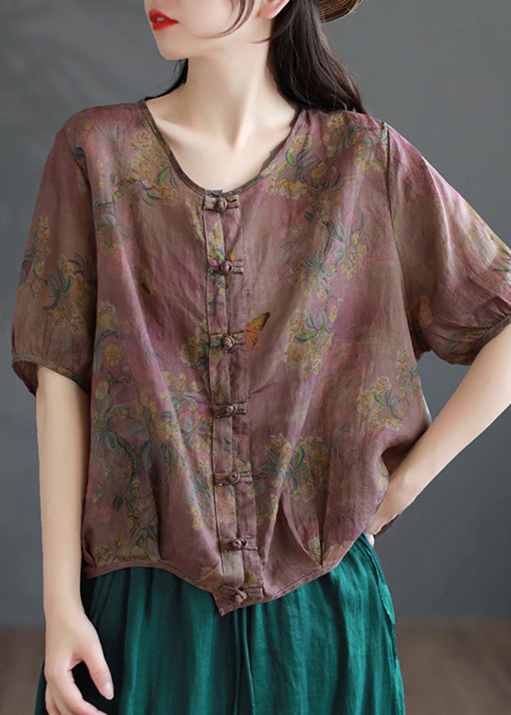 Handgemachte Kaffee O-Ausschnitt Print Button Ramie Shirts Kurzarm