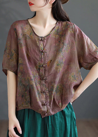 Handgemachte Kaffee O-Ausschnitt Print Button Ramie Shirts Kurzarm