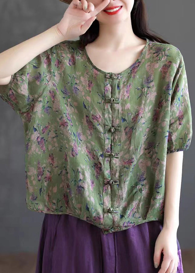 Handgemachte Kaffee O-Ausschnitt Print Button Ramie Shirts Kurzarm