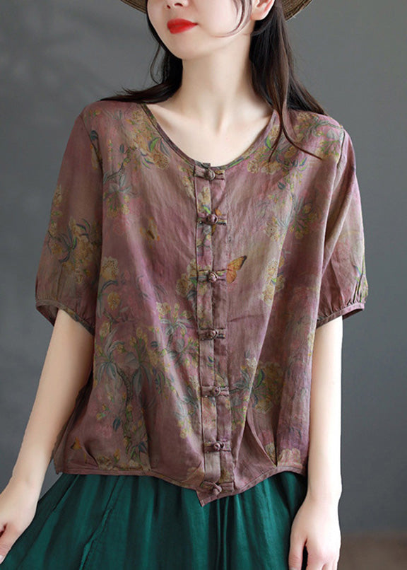 Handgemachte Kaffee O-Ausschnitt Print Button Ramie Shirts Kurzarm