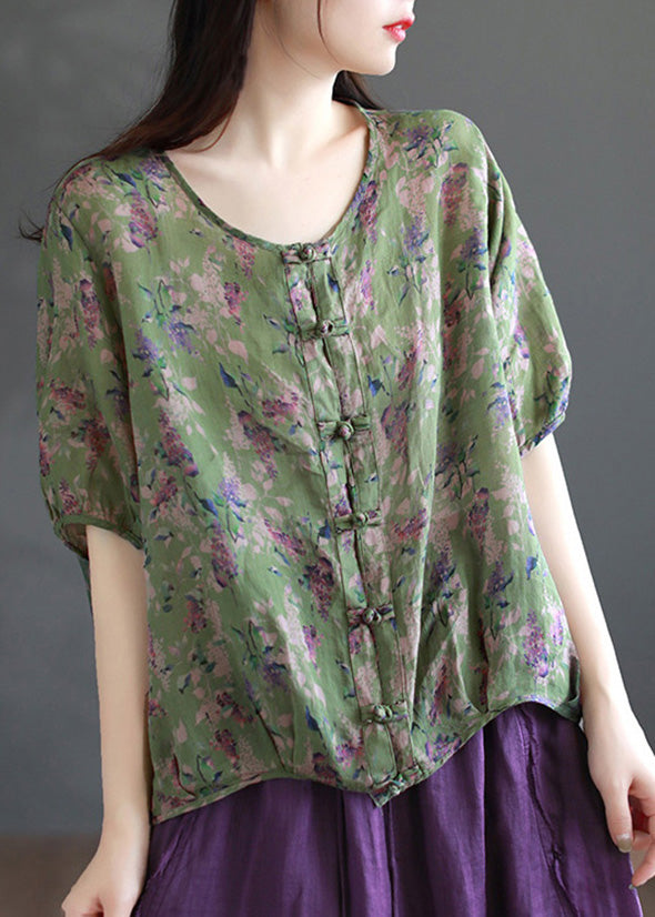 Handgemachte Kaffee O-Ausschnitt Print Button Ramie Shirts Kurzarm