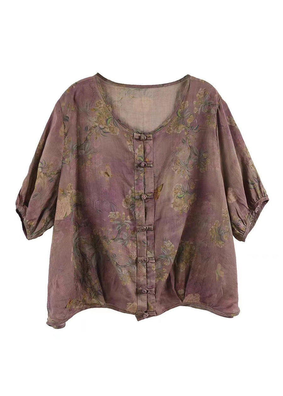 Handgemachte Kaffee O-Ausschnitt Print Button Ramie Shirts Kurzarm