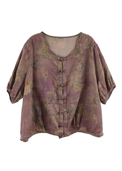 Handgemachte Kaffee O-Ausschnitt Print Button Ramie Shirts Kurzarm