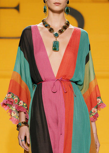 Handmade Colorblock Ruffled Striped Silk Cotton Holiday Dress Summer