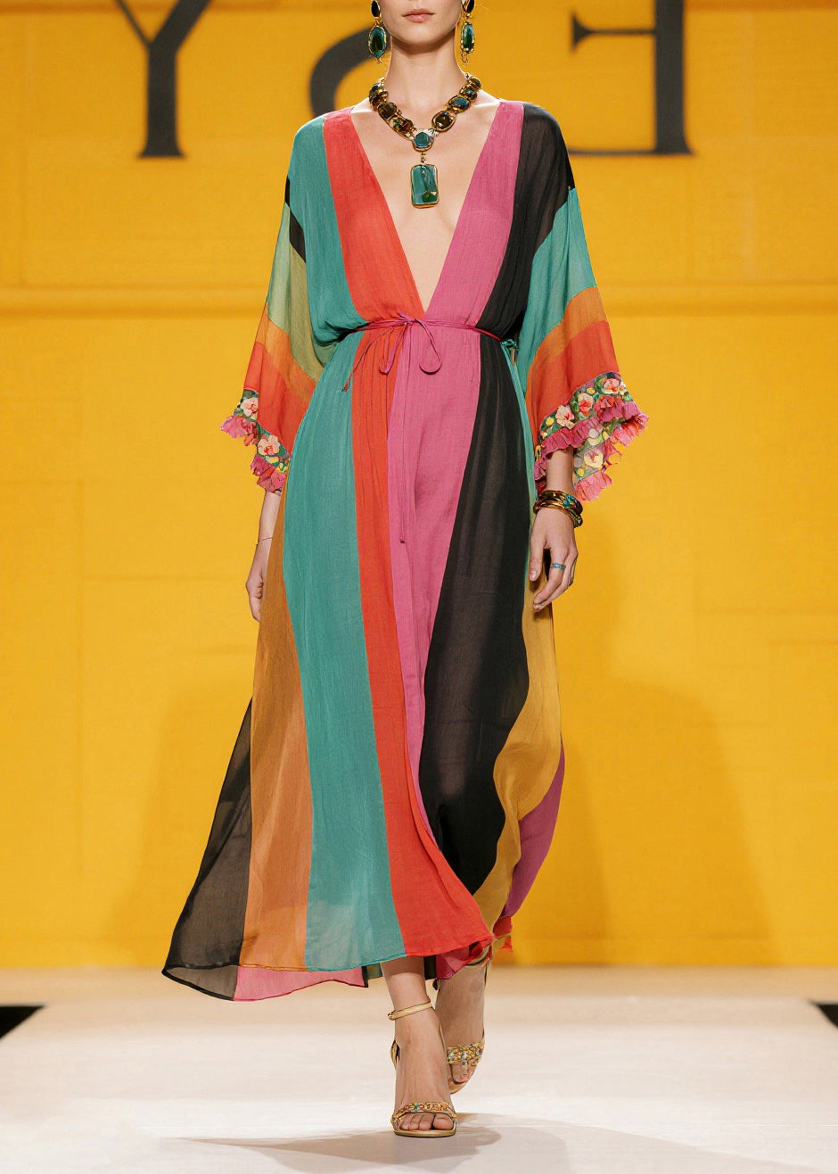 Handmade Colorblock Ruffled Striped Silk Cotton Holiday Dress Summer