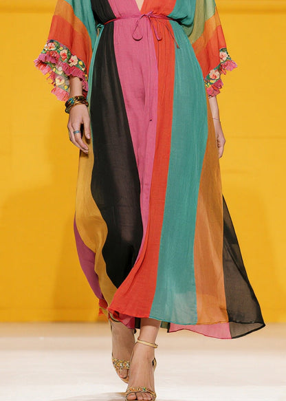 Handmade Colorblock Ruffled Striped Silk Cotton Holiday Dress Summer