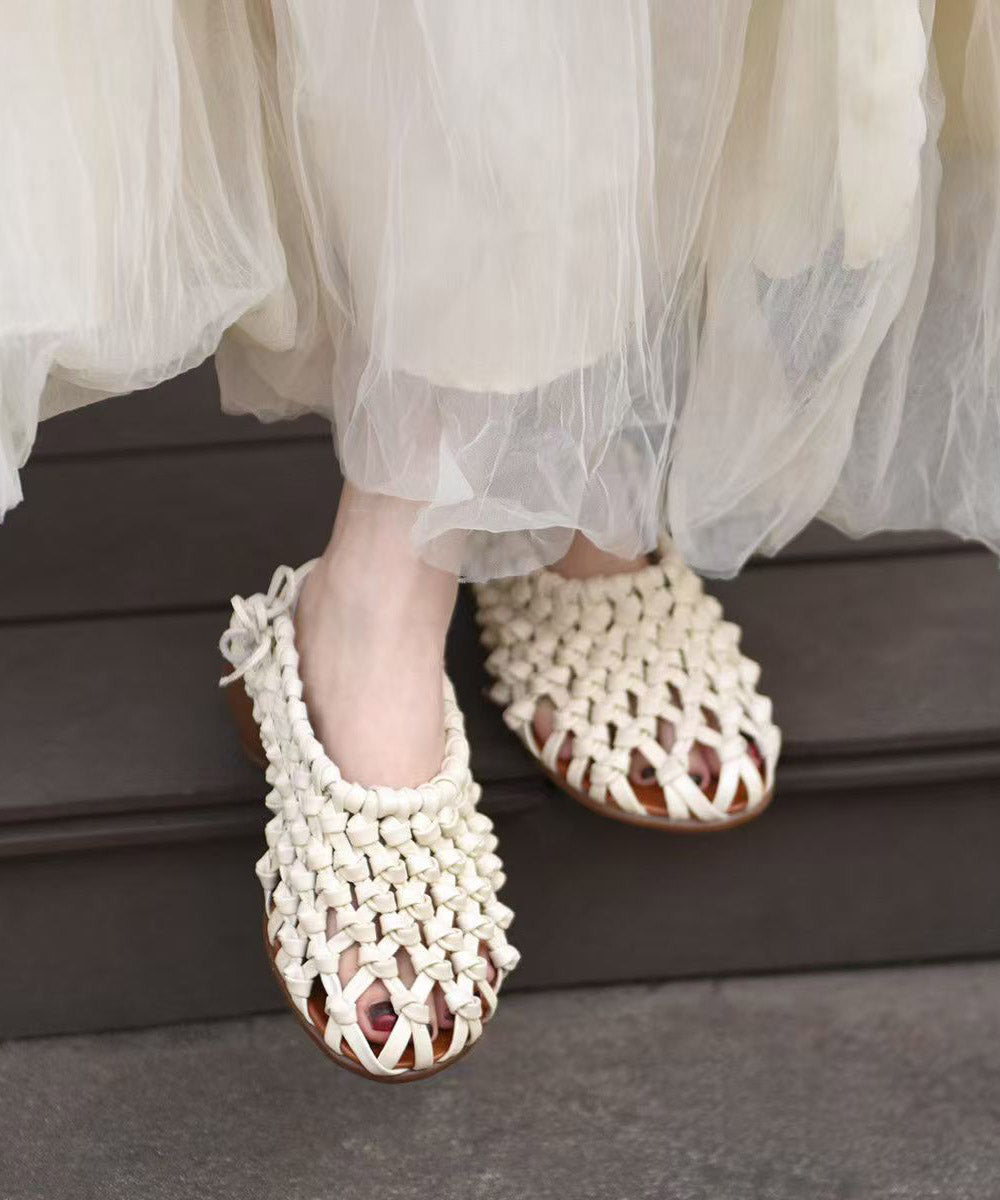 Handmade Comfy Beige Hollow Out Cowhide Leather Chunky Sandals