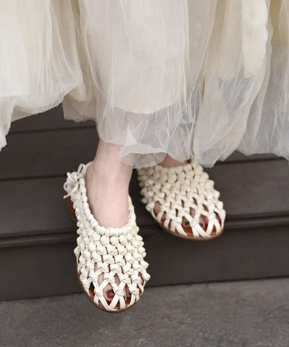 Handmade Comfy Beige Hollow Out Cowhide Leather Chunky Sandals
