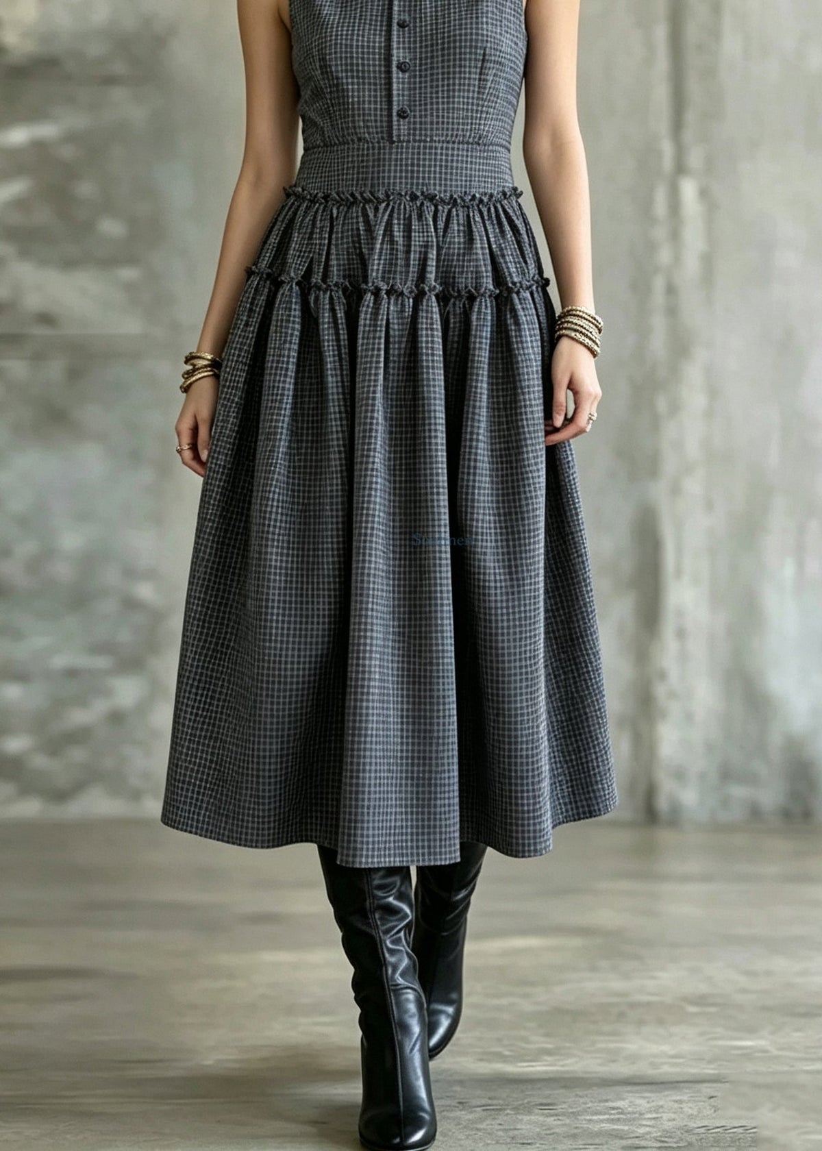 Handmade Dark Grey Wrinkled Patchwork Plaid Long Spaghetti Strap Dress Sleeveless
