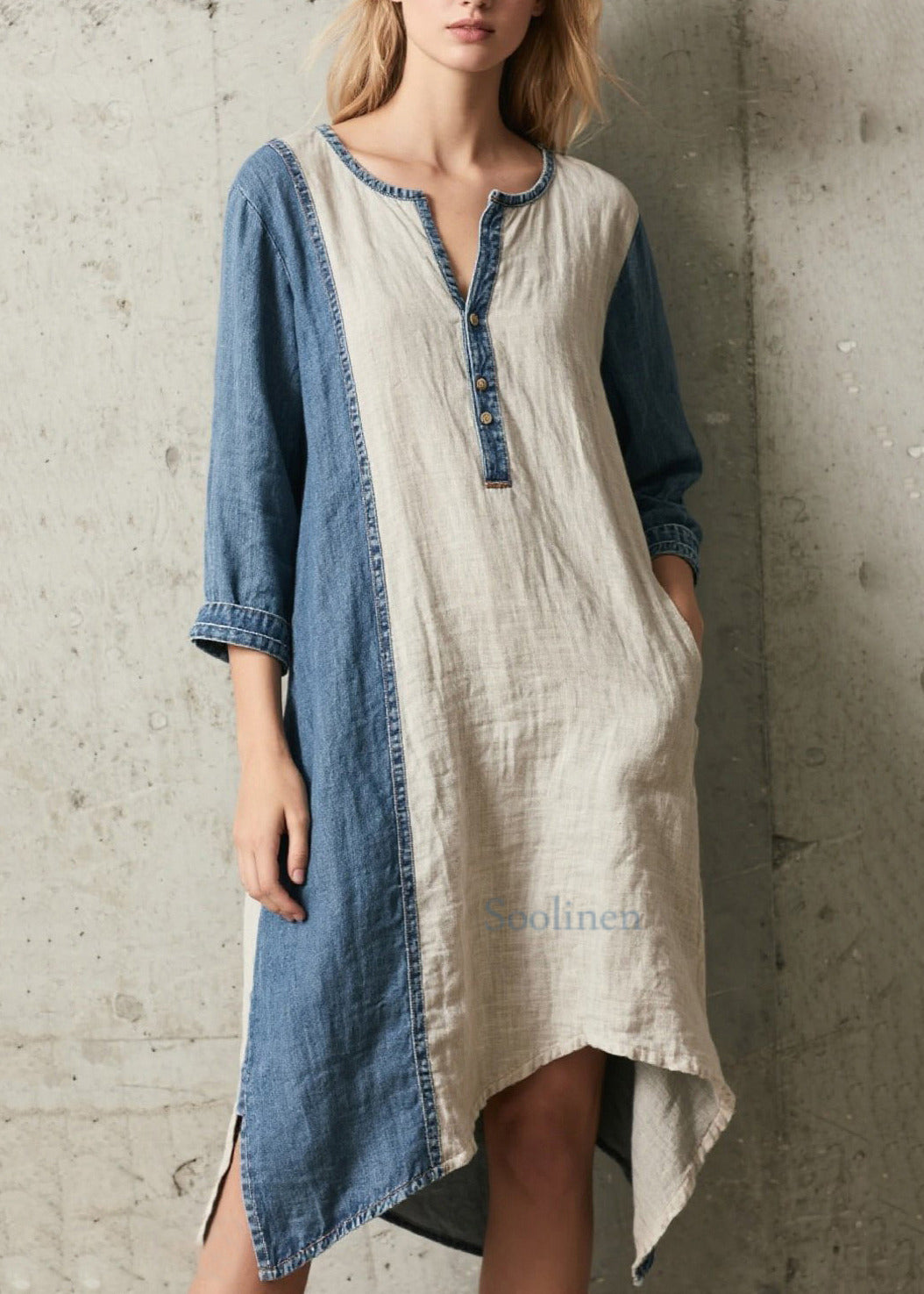 Handgefertigte, denimblaue Oversize-Patchworkkleider aus Baumwolle mit Armbandärmeln