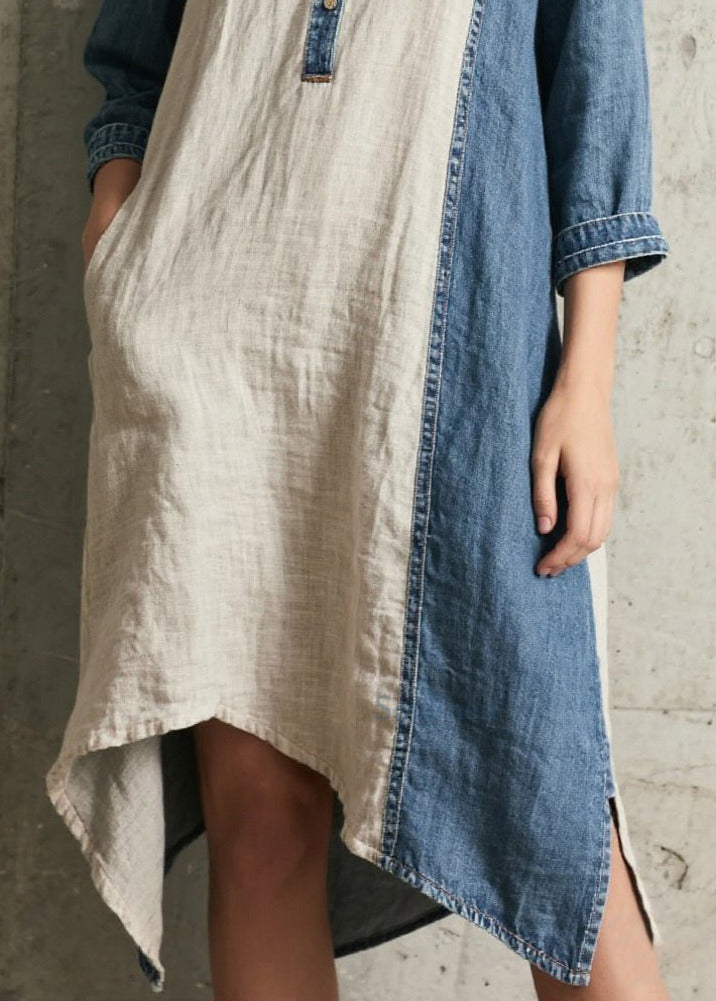 Handgefertigte, denimblaue Oversize-Patchworkkleider aus Baumwolle mit Armbandärmeln