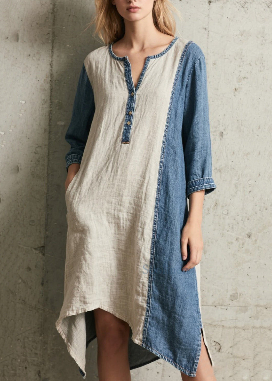 Handgefertigte, denimblaue Oversize-Patchworkkleider aus Baumwolle mit Armbandärmeln