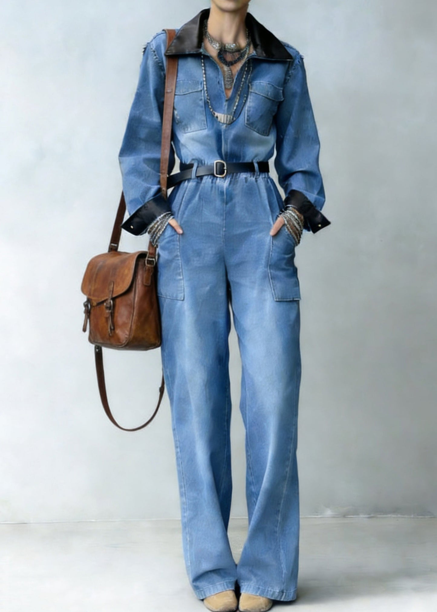 Handmade Denim Blue Peter Pan Collar Patchwork Jumpsuit Spring