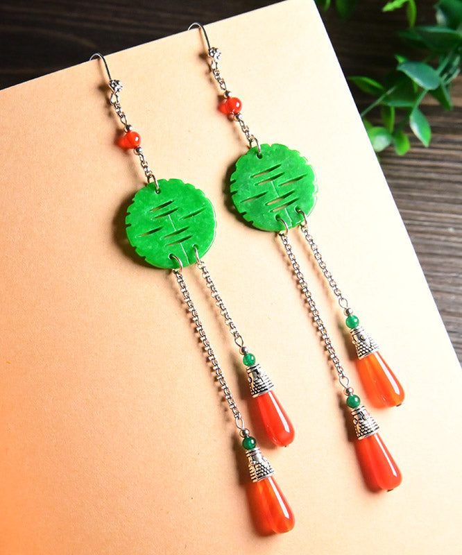 Handgefertigte Tropfenohrringe aus trockenem grünem Jade-Achat aus Sterlingsilber