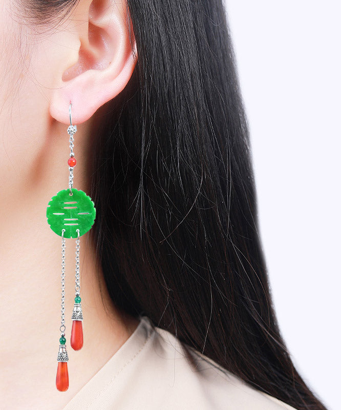 Handgefertigte Tropfenohrringe aus trockenem grünem Jade-Achat aus Sterlingsilber