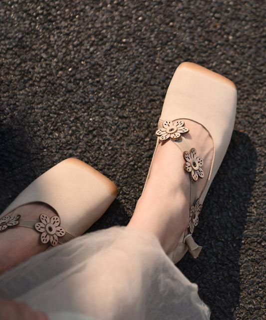 Handmade Floral Splicing Chunky Shoes Beige Cowhide Leather