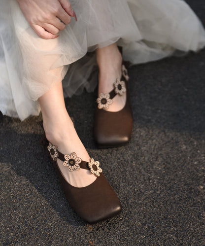 Handmade Floral Splicing Chunky Shoes Beige Cowhide Leather
