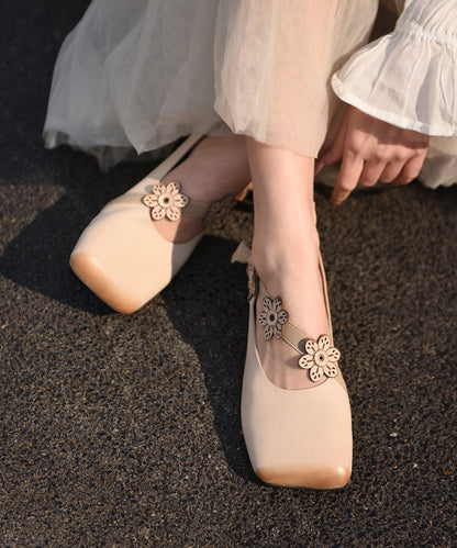 Handmade Floral Splicing Chunky Shoes Beige Cowhide Leather