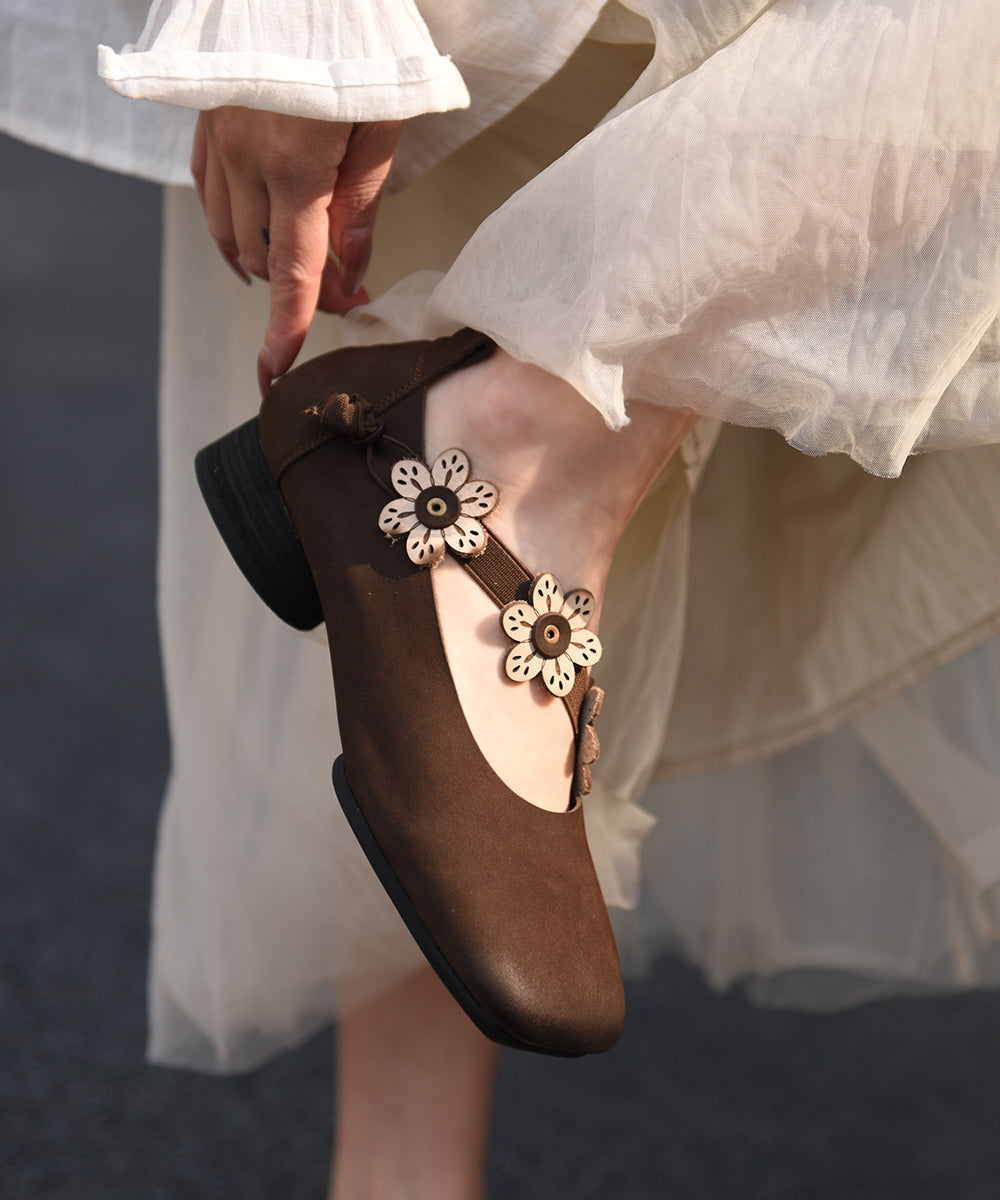 Handmade Floral Splicing Chunky Shoes Beige Cowhide Leather