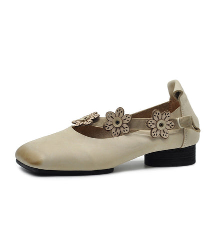 Handmade Floral Splicing Chunky Shoes Beige Cowhide Leather