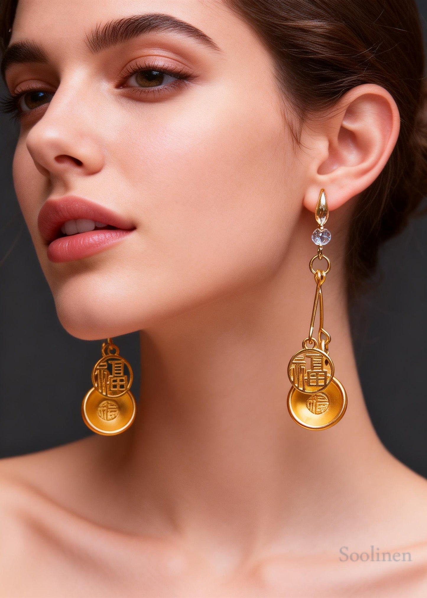 Handmade Golden Bowl And Fu Character Long Drop Earrings