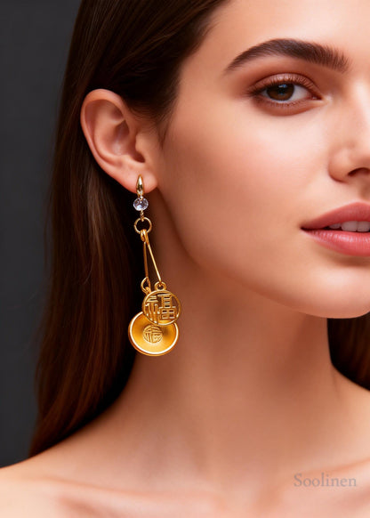 Handmade Golden Bowl And Fu Character Long Drop Earrings