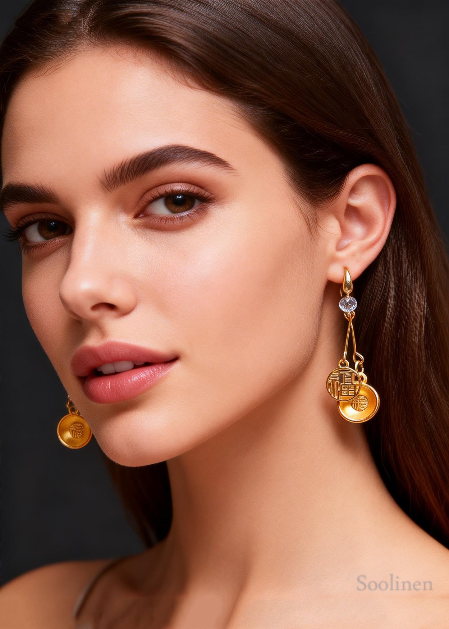 Handmade Golden Bowl And Fu Character Long Drop Earrings